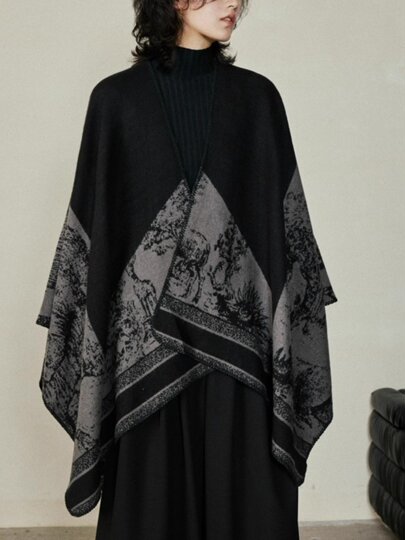 Jiaolingzi Fashionable Niche Design Split Cape Large Shawl Autumn and Winter Warm Double-Sided Knitted Cape for Outerwear in Winter