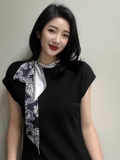 Summer French Retro Pearl Scarf Necklace for Women, Clavicle Chain, Ribbon Decoration, Hair Tie, Elegant Small Scarf, Streamer