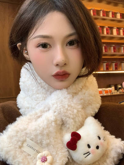 Cute Cat Plush Scarf for Women, Winter Warm Neck Protection, Cross Neck Scarf, Short Scarf for Students