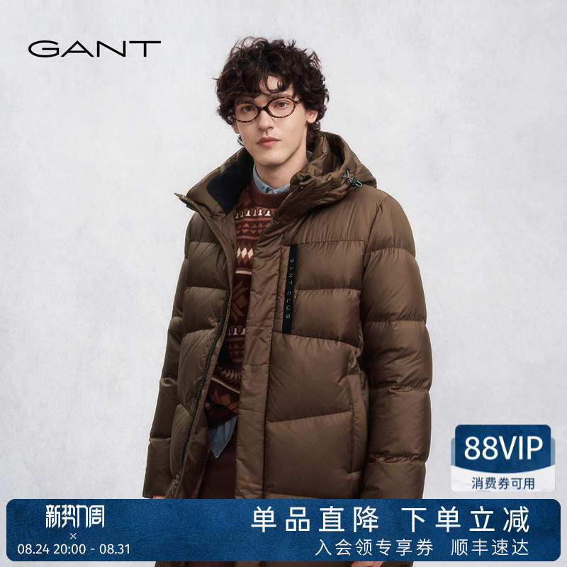 Gant/Gant Winter Men's Jacket Pure Color Simple Drawstring Hooded Casual Mid-Length White Duck down Jacket Gant/Gant Winter Men's Jacket Pure Color Simple Drawstring Hooded Casual Mid-Length White Duck down Jacket