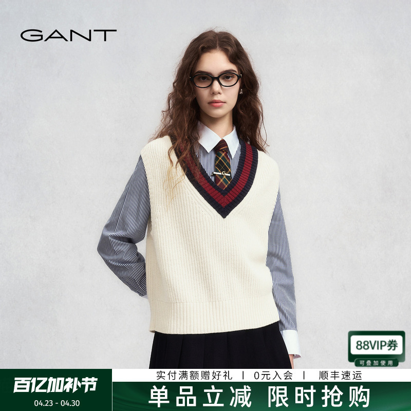 Gant/Gant Autumn and Winter New Women's Wool Casual Knitted Vest with Contrasting Color V-Neck College Style Sweater Vest