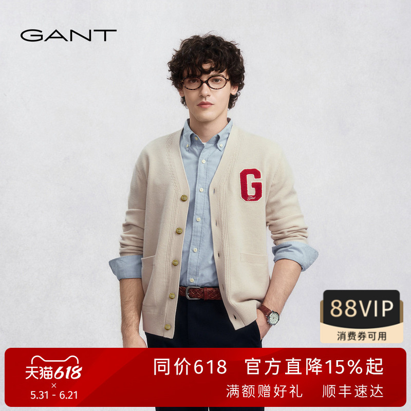 [100% Sheep Wool] Gant/Gant Autumn and Winter New Men's V-Neck Long-Sleeved Knitted Cardigan College Style Sweater