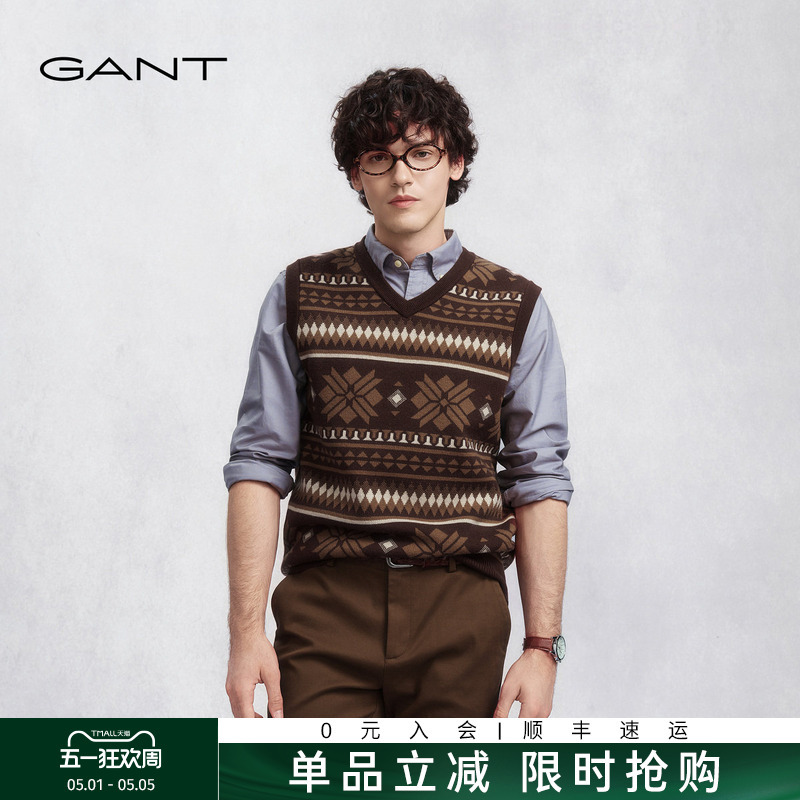 Gant/Gant Autumn and Winter New Men's Fair Isle V-Neck Pure Wool Sweater Knitted Vest Retro Casual Vest