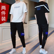Sports suit mens summer ice silk short-sleeved mens casual fashion mens handsome tooling two-piece suit tide brand summer clothes