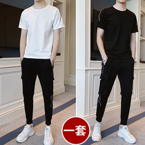 Mens short-sleeved 2020 new fashion mens set with handsome mature summer ice silk t-shirt casual suit