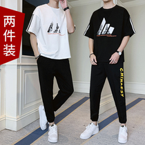 Summer sports suit mens fashion brand short sleeve mens set with handsome mens Korean version of the trend wild casual wear