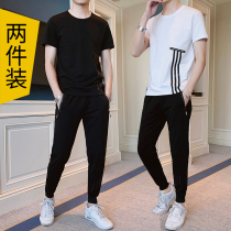 Sports suit mens summer 2021 new ice silk short-sleeved mens casual mens Korean version of the trend handsome two-piece set