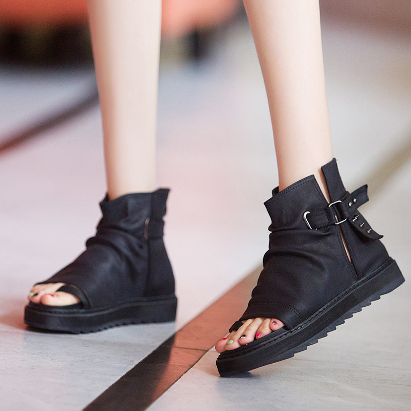 Women's Open-Toe Genuine Leather Hollow Fish-Mouth Thong Sandals, Platform Thick-Soled Non-Slip Sandals, Wedge Heel with Zipper and Side Cutouts
