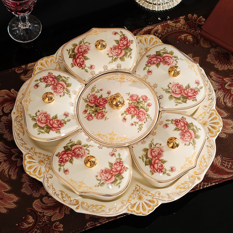 European-style dried fruit plate compartment with lid living room candy box dried fruit box creative home coffee table fruit plate luxury ceramics