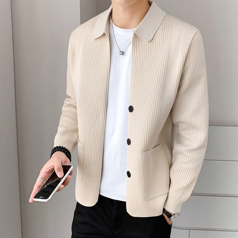 Spring and Autumn Korean Style Cardigan Sweater Jacket for Men, Lapel Casual Suit Knitwear Outerwear Jacket for Men 2026 Spring