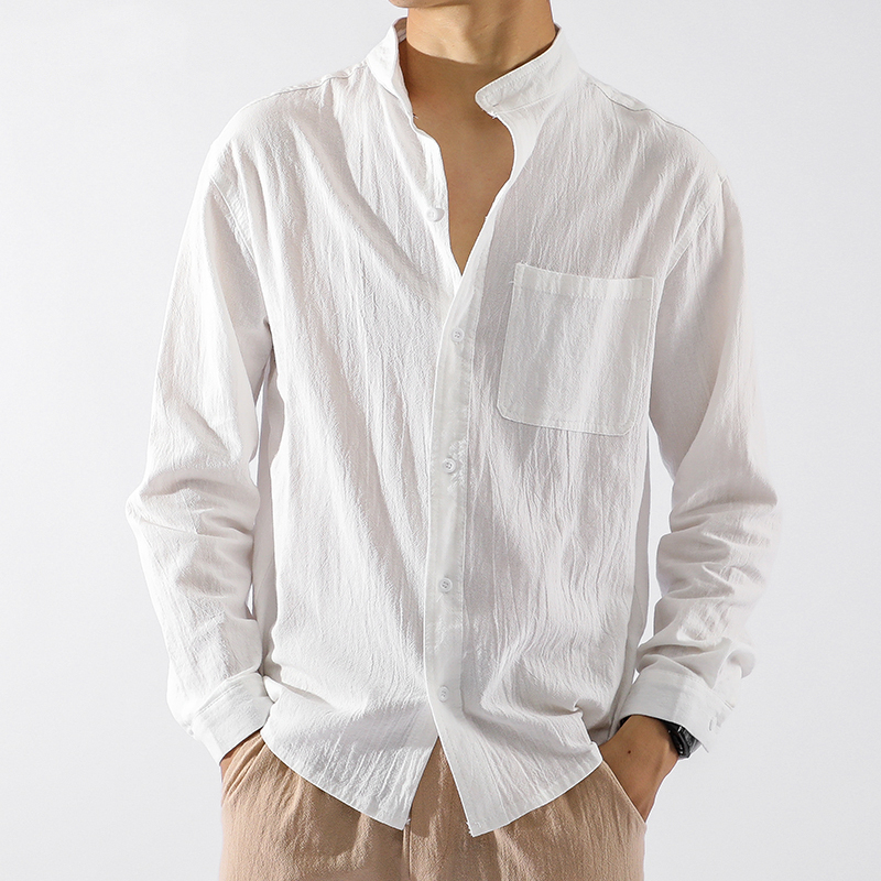 Summer Linen Shirt for Men, Long-Sleeved, Casual, Sun-Protective, Thin, Solid Color, Japanese Retro Workwear, Spring and Autumn Cotton-Linen Shirt
