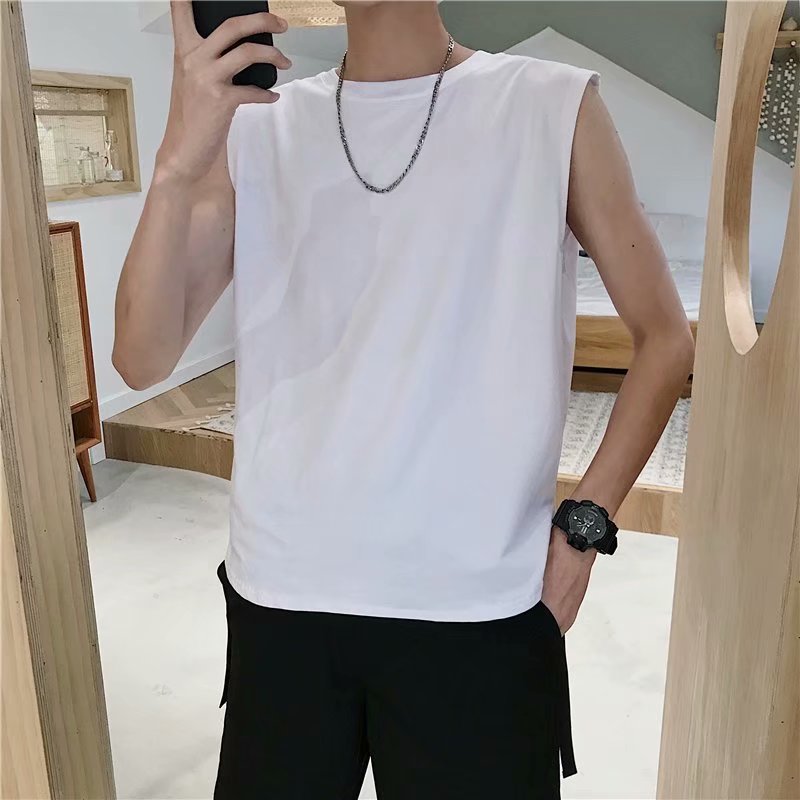 ins summer tide men loose pure white cam shoulder vest sport sleeveless T-shirt men Korean version T-shirt hip hop tide brand