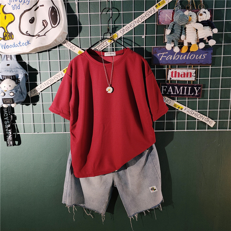 Japanese Trendy Brand Short-Sleeve T-Shirt Set for Men, Summer Loose Denim Shorts Two-Piece Set, Men's Outfit Complete Set for Summer