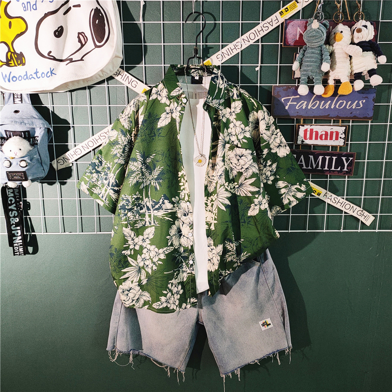 Handsome Floral Shirt for Men, Hong Kong Style, Thin Summer Version, Beach Vacation Men's Fashion, Trendy Matching Beach Shirt Set