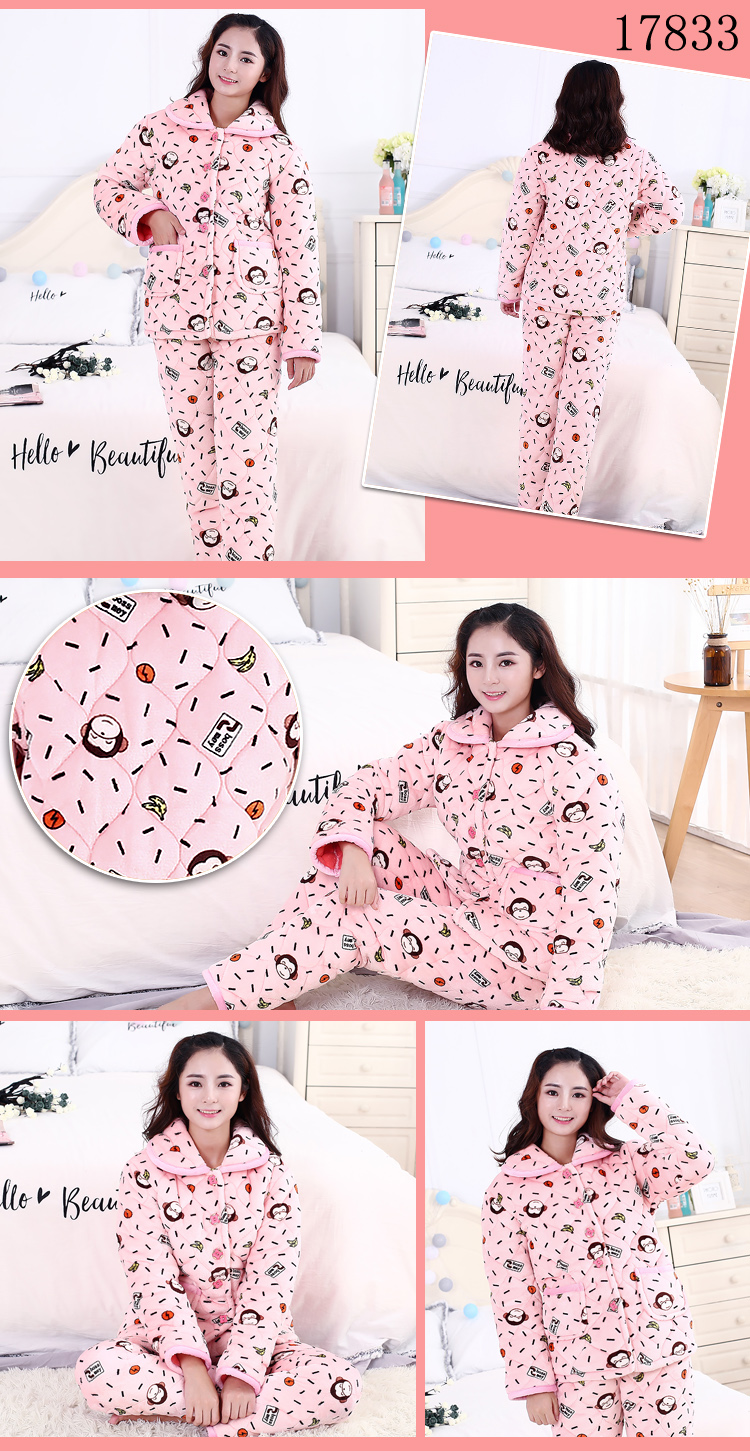 Mùa đông flannel quilted pyjama ba lớp dày san hô lông cừu quilted pyjama áo sơ mi cotton đơn áo khoác cotton bộ đồ mặc nhà