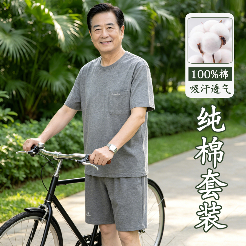 Dad's Pure Cotton Summer Outfit for Middle-Aged and Elderly Men, Sports Suit, Men's Summer Short-Sleeved T-Shirt and Shorts Two-Piece Set, Grandpa Clothes
