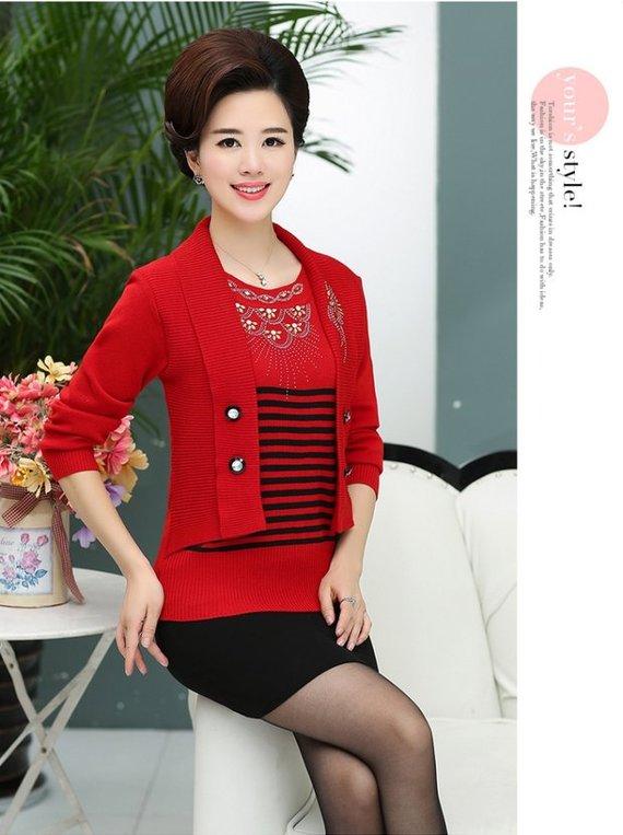 Áo khoác nữ mùa thu và trung niên mùa thu tay dài của mẹ vòng tay áo len cổ lọ áo len giả hai mảnh các kiểu có áo đồ bộ tuổi trung niên