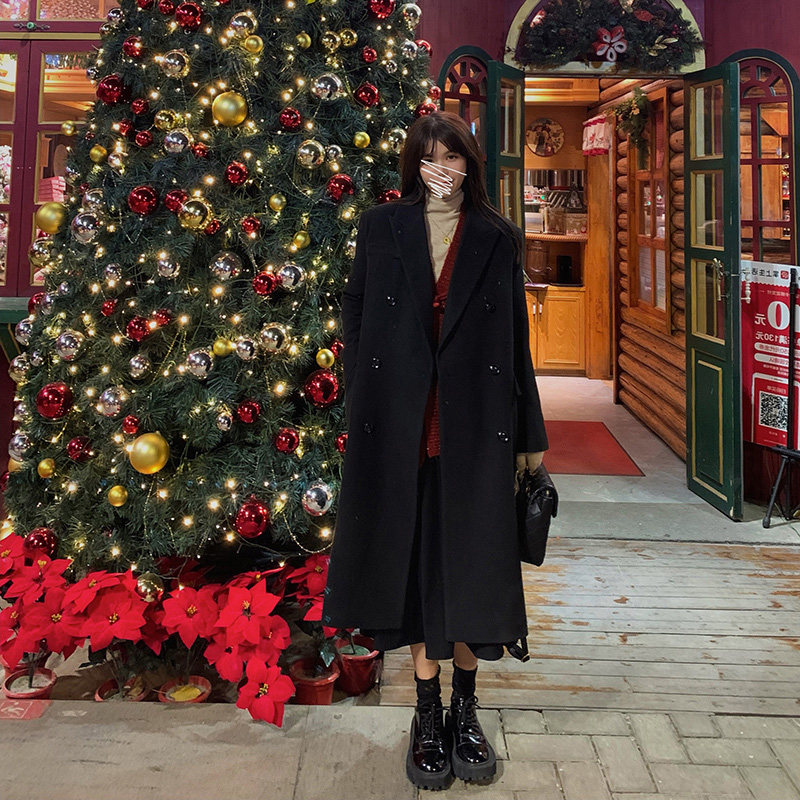 Black suit woolen coat women's mid-length version 2022 winter new Hepburn style thickened shoulder woolen coat