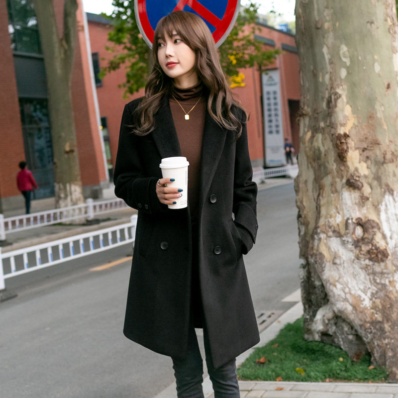 Black woolen coat women's mid-length version 2022 autumn and winter new Korean version over-the-knee Hepburn woolen coat