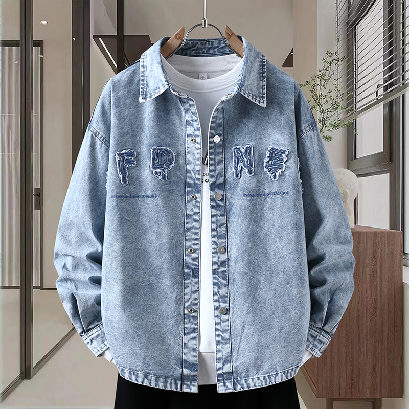 Denim Shirt Jacket for Men, Spring and Autumn, Pure Cotton, Embroidered Letters, Trendy Brand, Youth Student, High-End Feel Shirt