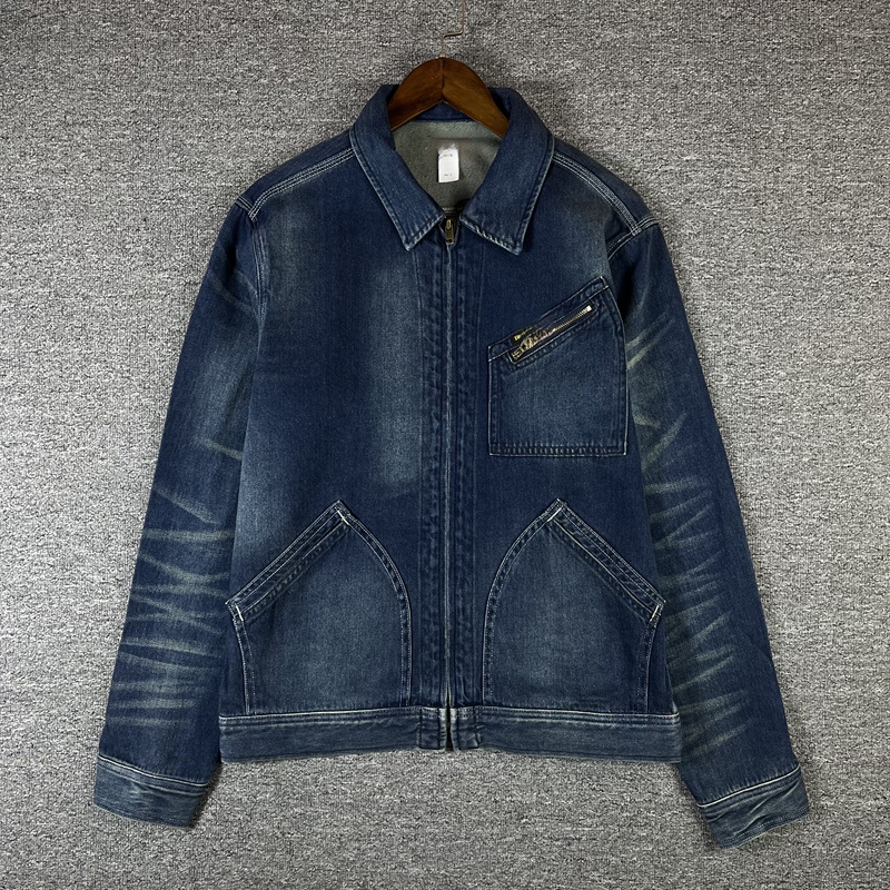 Men's American Retro Washed Trucker Indigo Denim Work Jacket Coat