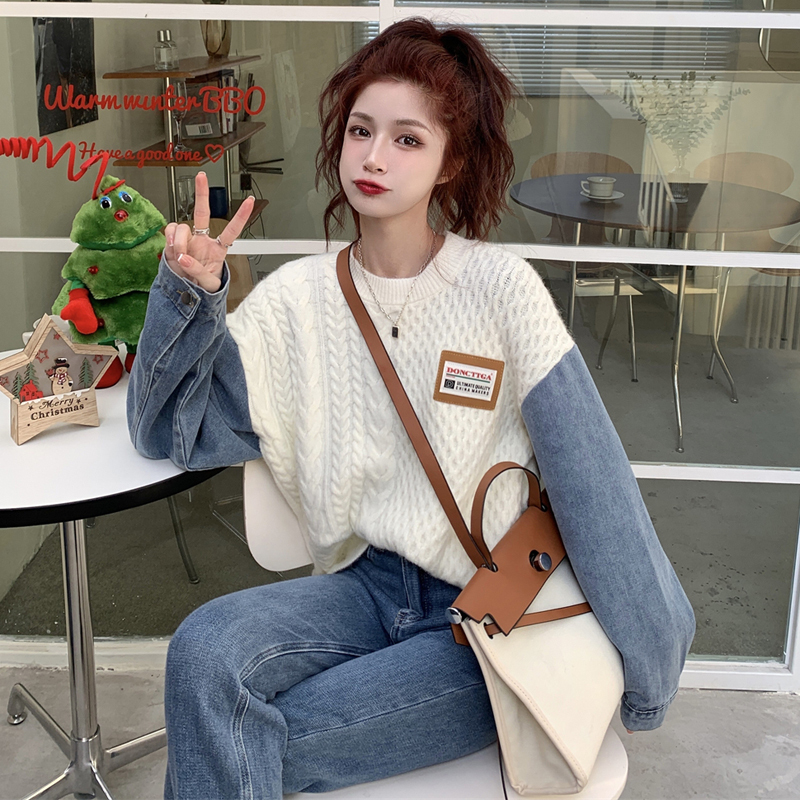Sweater Jacket for Women, Winter 2022 New Style, Retro Hong Kong Style Design, Denim Splicing, Twist Pattern, Long-Sleeved Knitted Top Sweater Jacket for Women, Winter 2022 New Style, Retro Hong Kong Style Design, Denim Splicing, Twist Pattern, Long-Sleeved Knitted Top