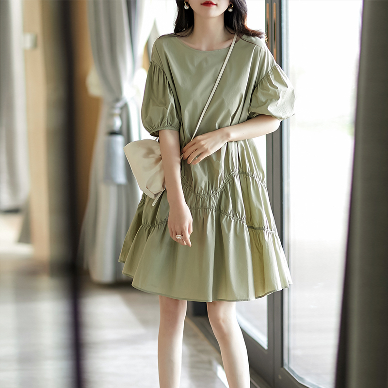 Sandro selen Sweet temperament niche design doll skirt Pleated short sleeve bubble sleeve dress for women