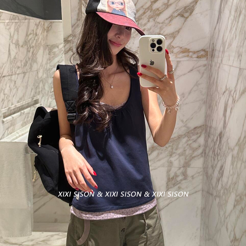 【Xixi】Coyseio Casual Vest with Double-Layer Floral Patchwork, Pure Cotton Stretchy Sleeveless Camisole for Outerwear