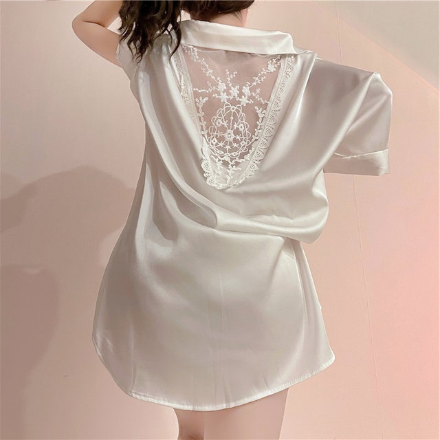 200 pounds plus size women's clothes fat sister mm ພາກຮຽນ spring and summer ice silk shirt nightgown sexy lace pajamas nightgown home clothes
