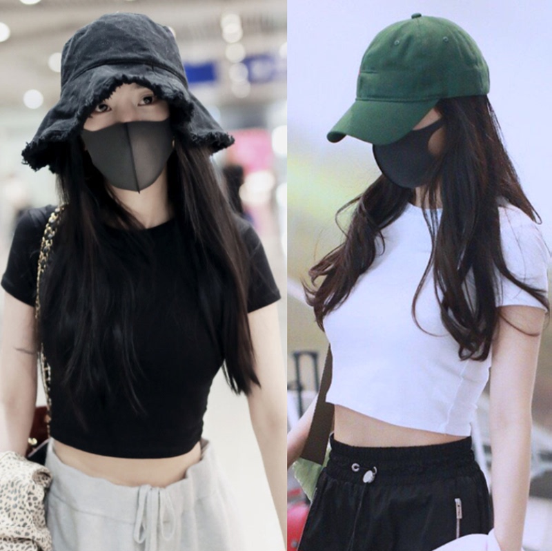 Yang Mi Style Black Crop Top Tight-Fitting T-Shirt for Women, Korean Slim Fit, Revealing Navel, Slightly Sexy, Versatile Top