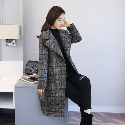 冬季新款千鸟格子毛呢外套女时尚中长款韩版2