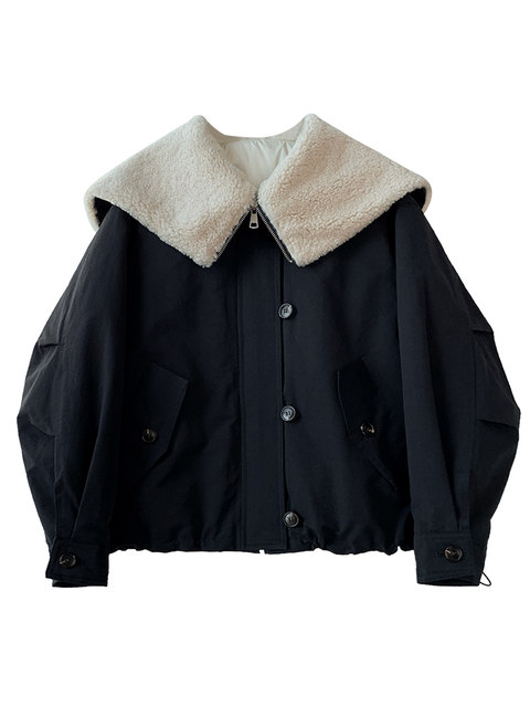 Korean-Style Lamb Wool Patchwork Large Lapel down Jacket for Women, 2024 Winter New Model, Trendy Workwear Parka This Year