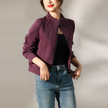Short Stand-Up Collar Sweatshirt Jacket for Petite Women, 2024 Autumn New European Fashion Casual Slim-Fit Zip-Up Top