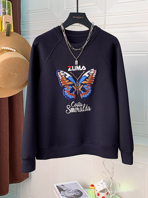 Space Cotton Sweatshirt Jacket for Women with Butterfly Embroidery 2024 Spring and Autumn New European Style Short Round Neck Casual Popular Top