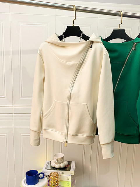 Designer-Style Sweatshirt for Women, 2023 Spring and Autumn New European Style, Slim Fit, Irregular Zipper, Hooded Cardigan Jacket