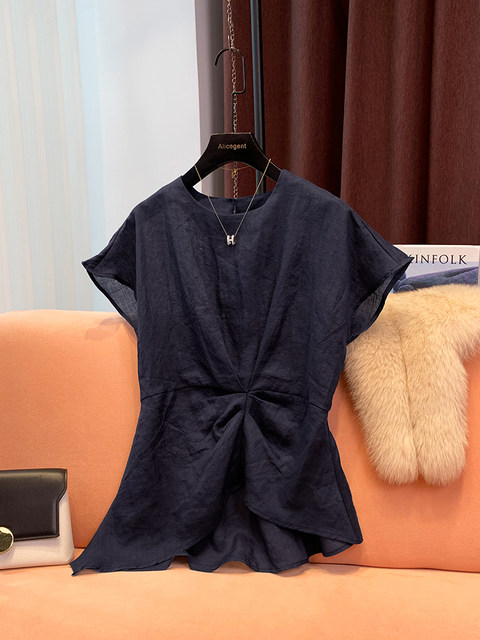 High-End Accessible Luxury 100% Ramie Thin Top for Women 2024 Summer New Style Pleated Asymmetrical Hem Elegant Shirt