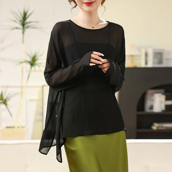 Black High-End Silk Blouse, Sheer Top for Women, 2024 Summer New Style, Lightweight Mulberry Silk Sun Protection Shirt