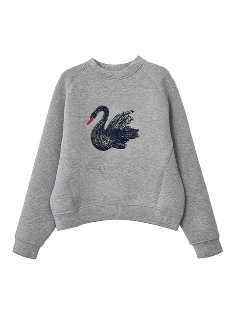 Gray Space Cotton Embroidered Swan Sweatshirt for Women 2024 Spring and Autumn New Style Round Neck Loose Casual Short Stylish Jacket