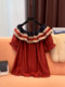 Burgundy Off-The-Shoulder Ruffled Lyocell Tencel Top for Women, 2024 Summer New Style, High-End Popular Shirt