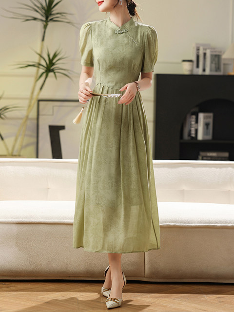 New Chinese-Style National Style Green Jacquard Dress for Women, 2024 Summer New Fashion Improved Ultra-Elegant Waist-Cinching Dress