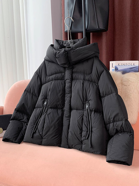 High-End Hooded Short down Jacket for Women, 2024 Winter New Style, Stand Collar, 90% White Duck Down, Casual Puffer Jacket