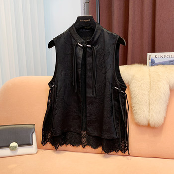 Black New Chinoiserie National Style Spliced Lace Vest for Women 2024 Autum New High-End Elegant Satin Top