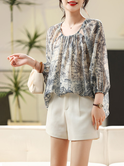 Lyocell Tencel Slightly See-Through Printed Sun Protection Shirt for Women 2024 Summer New Long-Sleeved Cut Out Design Thin Shirt