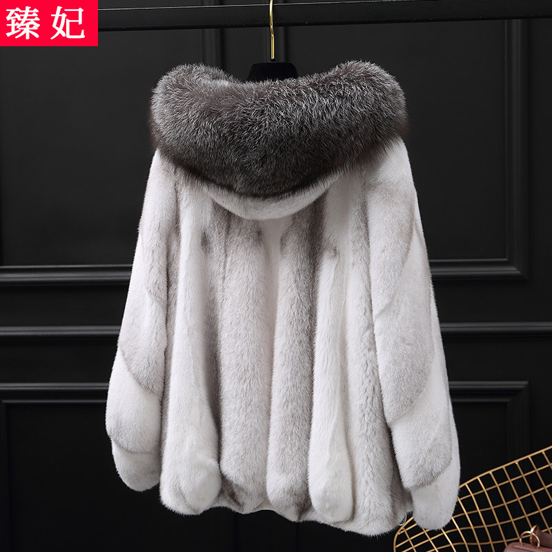 Imported minke fur coat with cap short lump sum mink silver blue fox fur collar cross mink fur coat girl young