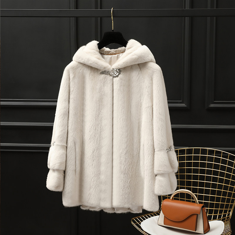 2021 new winter mink coat whole mink women's mid-length hooded imported real mink fur Haining coat