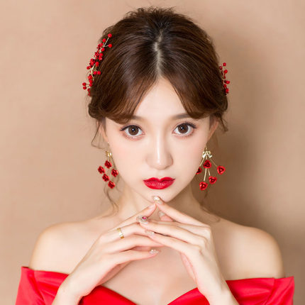 新款新娘头饰耳环韩式红色森系仙美甜美配饰2