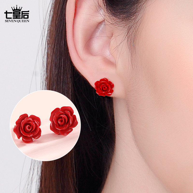 925 silver needle red rose flower earrings women simple small INS small design earrings for 2020 new earrings