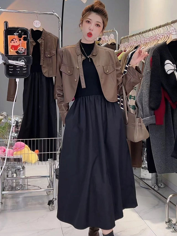 Hepburn-Style Half-High Collar Black Long-Sleeve Patchwork Dress for Women, Spring High-End Short Jacket and Leather Jacket Two-Piece Set