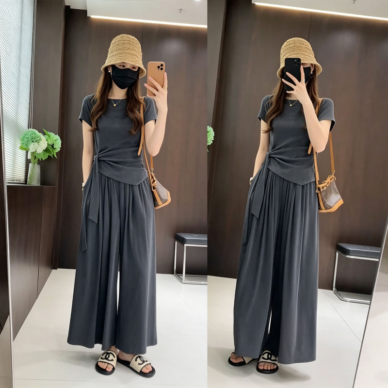 Fashion Set for Women 2026 Summer Irregular Tie Waist Slimming Solid Color T-Shirt + Loose Wide-Leg Casual Skirt Pants