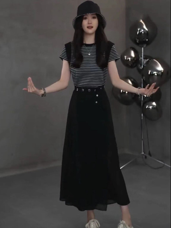 Mid-Length Striped Round-Neck A-Line Dress for Women, Summer Stylish Slimming One-Piece Slit Mesh Skirt Two-Piece Set